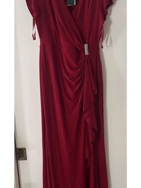 Ralph Lauren Elegant Red Draped Evening Gown with Rhinestone Detail